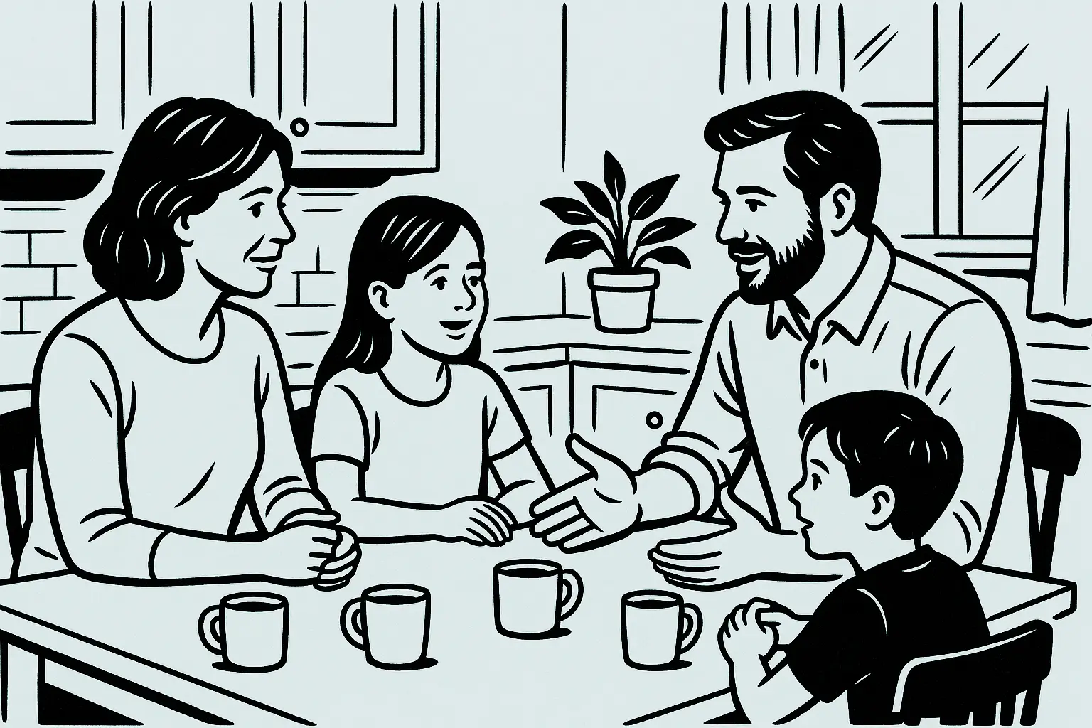 A family discussing around a table